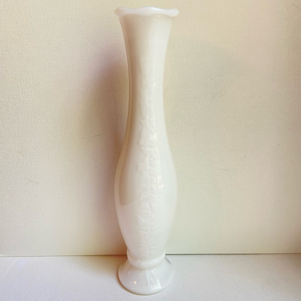 Climbing vine on white milk glass vase front and back tall 10 inch VINTAGE